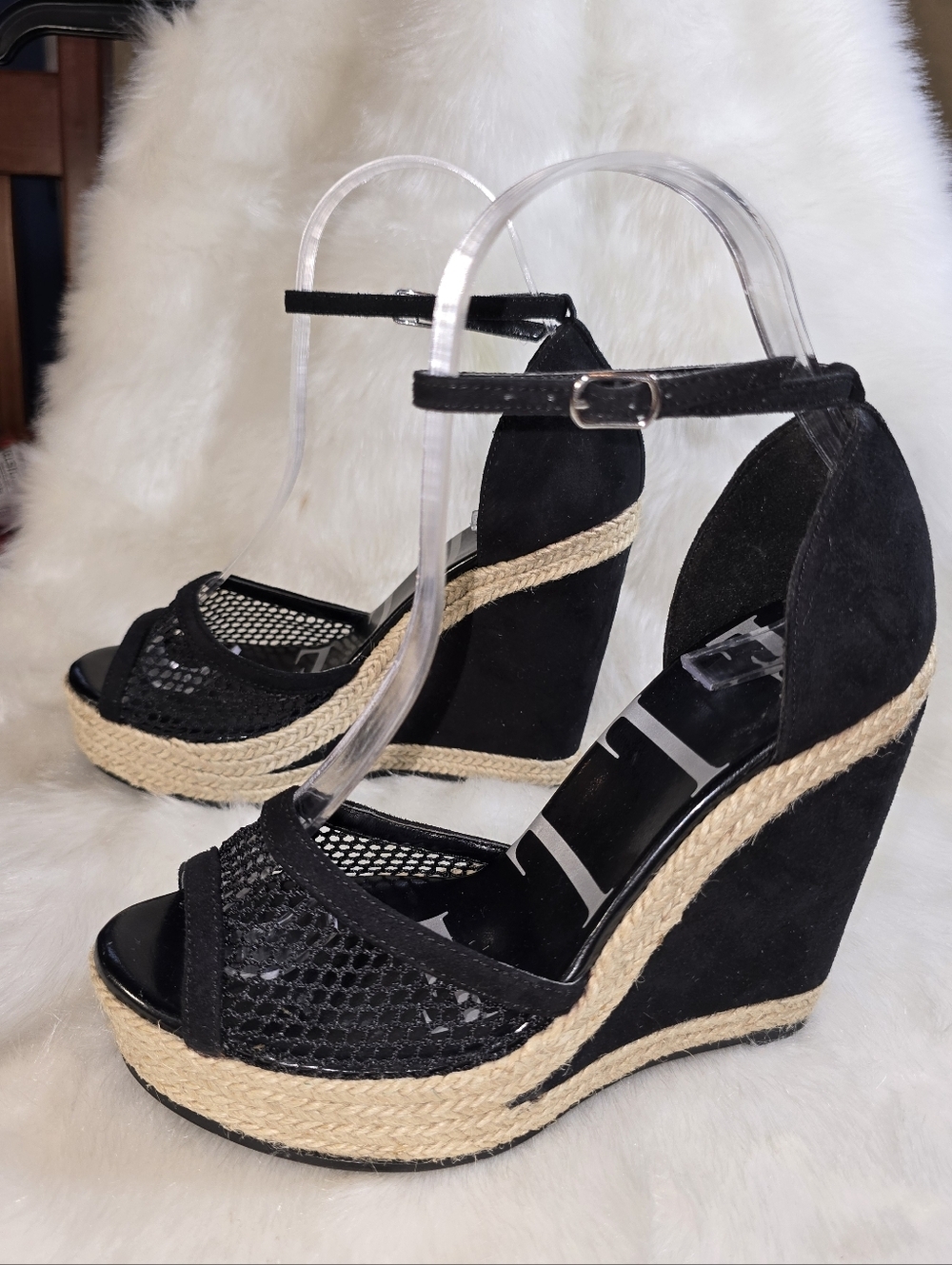 Elle Gabrielle Womens Black Wedge Espadrille Sandals with Ankle Strap - Picture 2 of 10